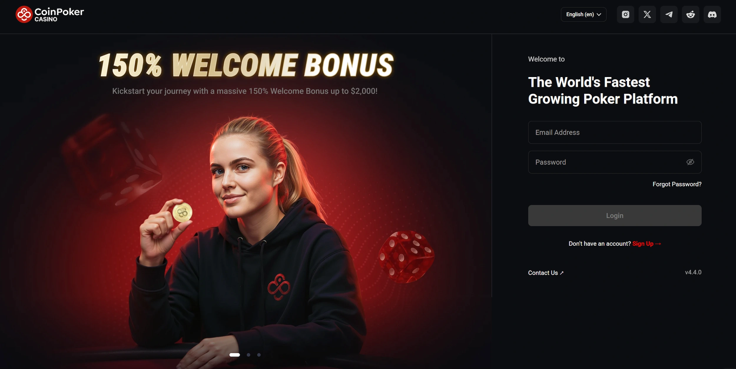 CoinPoker casino page showing welcome bonus offer