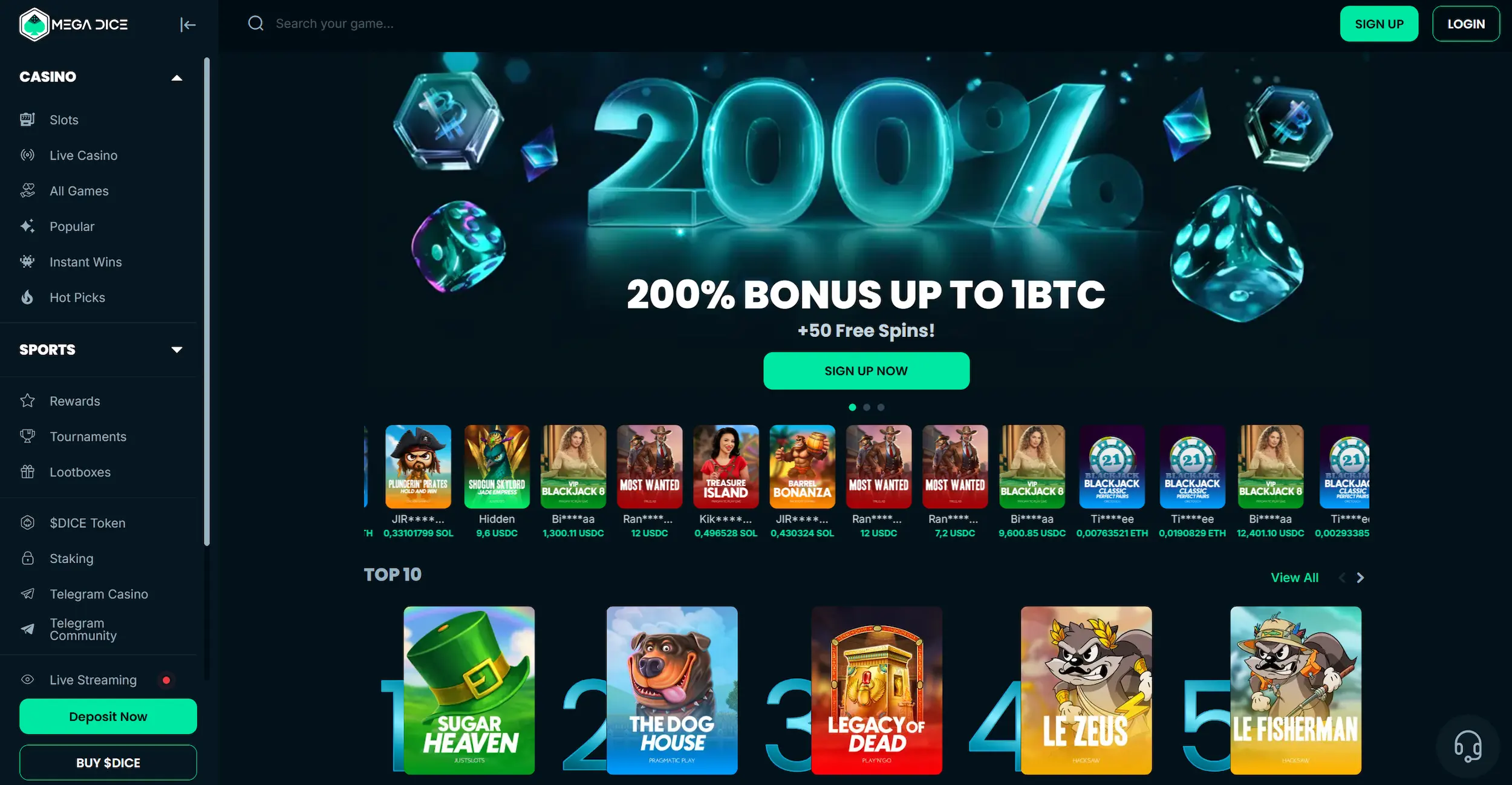Mega Dice casino page showing welcome bonus offer, top 10 pokies and site navigation
