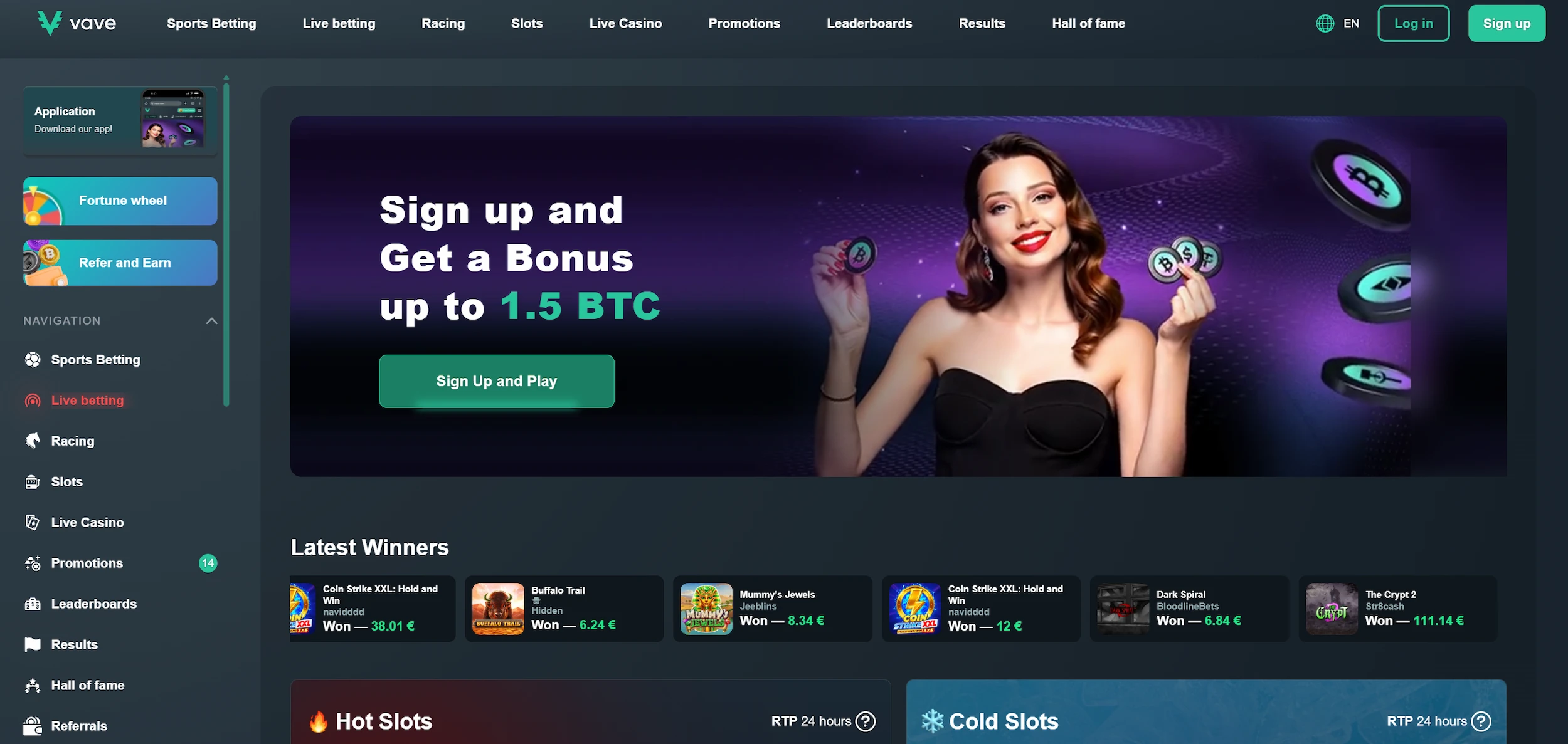Vave casino page featuring sign up bonus offer and site main navigation